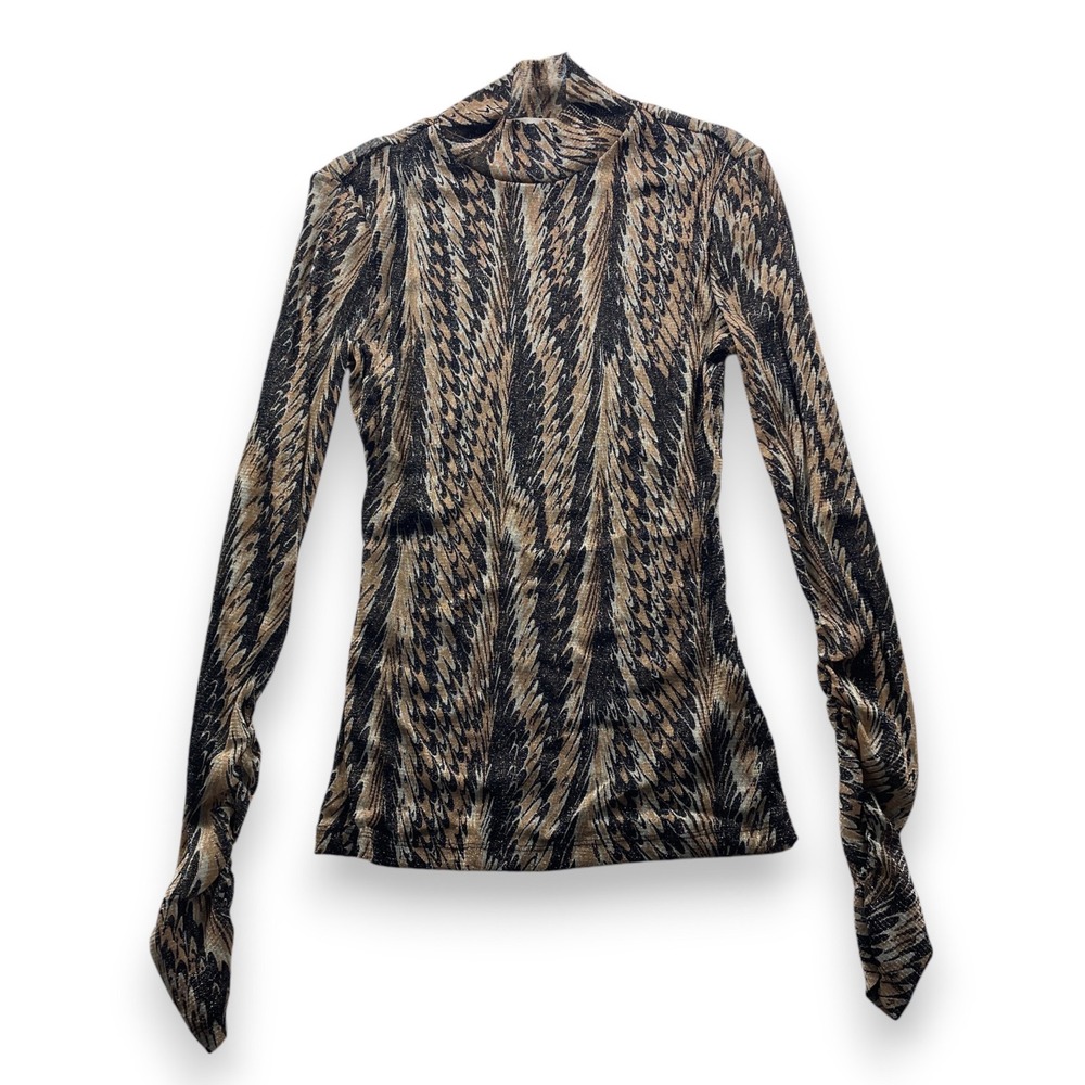 Diane von Furstenberg DVF Metallic Mesh Mock Neck Top Abstract Tiger Print Med